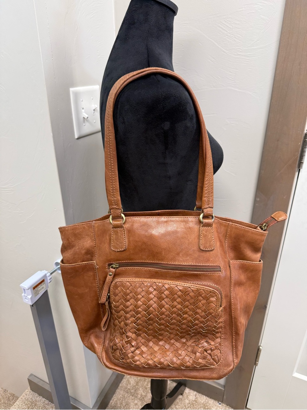 Brown Cognac Genuine Leather Basket Weave Top Zip Shoulder Bag Purse India Boho